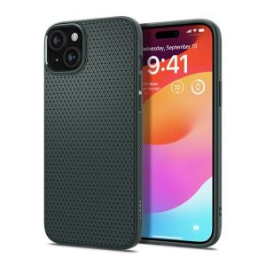 SPIGEN LIQUID AIR szilikon telefonvédő (közepesen ütésálló, légpárnás sarok, rombusz minta) SÖTÉTZÖLD Apple iPhone 15 Plus