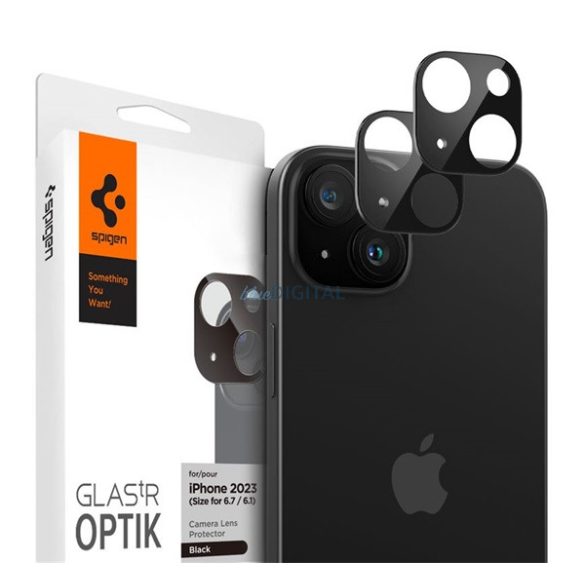 SPIGEN OPTIK PRO kameravédő üveg 2db (lekerekített szél, karcálló, 9H, csak lencse) FEKETE Apple iPhone 15, Apple iPhone 15 Plus