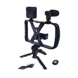   Tripod állvány (univerzális, 3.5mm jack mikrofon, LED fény, bluetooth távkioldó, dupla markolat) FEKETE