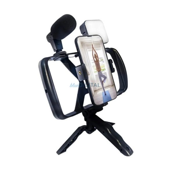 Tripod állvány (univerzális, 3.5mm jack mikrofon, LED fény, bluetooth távkioldó, dupla markolat) FEKETE