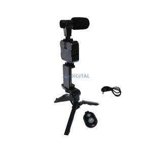 Tripod állvány (univerzális, 3.5mm jack mikrofon, LED fény, 360°-ban forgatható, bluetooth távkioldó) FEKETE