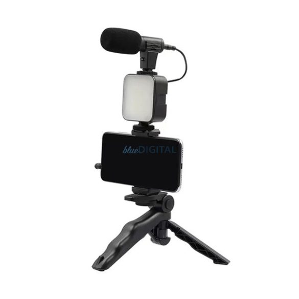 Tripod állvány (univerzális, 3.5mm jack mikrofon, LED fény, 360°-ban forgatható, bluetooth távkioldó) FEKETE