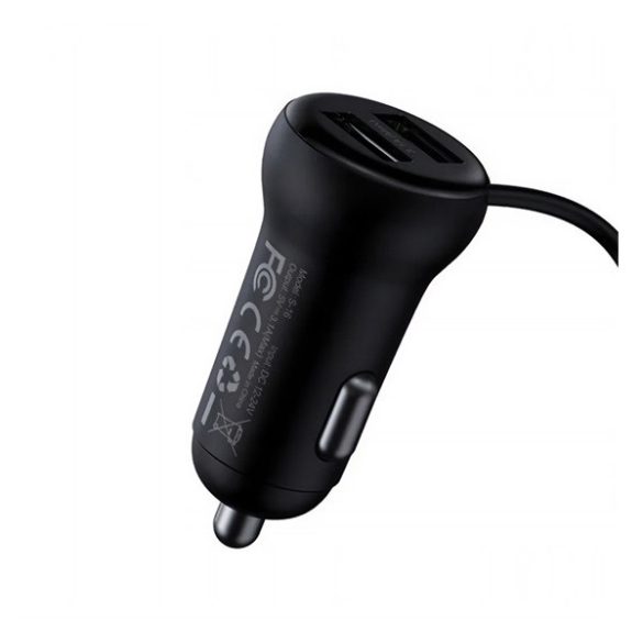 BASEUS bluetooth FM transmitter autós töltő 2 USB aljzat (16W, gyostöltő, microSD olvasó, AUX, spirálkábel) FEKETE