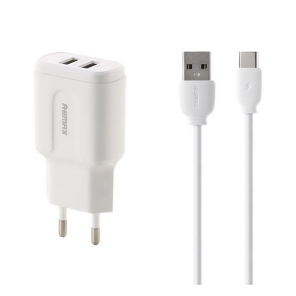 REMAX hálózati töltő 2 USB aljzat (12W, gyorstöltő + Type-C kábel) FEHÉR 