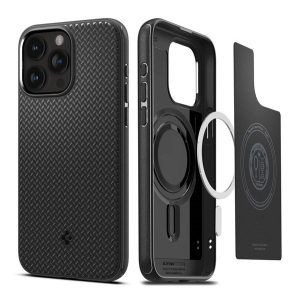 SPIGEN MAG ARMOR műanyag telefonvédő (közepesen ütésálló, Apple Magsafe kompatibilis, csíkos minta) FEKETE Apple iPhone 15 Pro Max