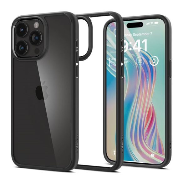 SPIGEN ULTRA HYBRID műanyag telefonvédő (közepesen ütésálló, szilikon légpárnás keret) FEKETE Apple iPhone 15 Pro Max