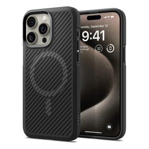 SPIGEN CORE ARMOR MAG szilikon telefonvédő (közepesen ütésálló, kamera védelem, csíkos minta, Magsafe) FEKETE Apple iPhone 15 Pro Max