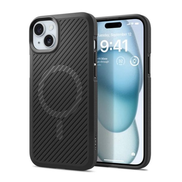 SPIGEN CORE ARMOR MAG szilikon telefonvédő (közepesen ütésálló, kamera védelem, csíkos minta, Magsafe) FEKETE Apple iPhone 15 Plus