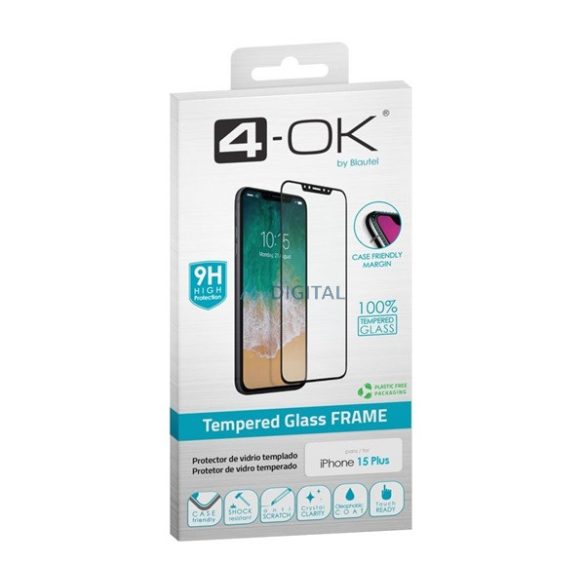 4-OK képernyővédő üveg (3D full glue, íves, teljes felületén tapad, tok barát, karcálló, 9H) FEKETE Apple iPhone 15 Plus