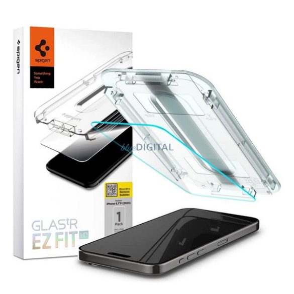 SPIGEN EZ FIT HD képernyővédő üveg (2.5D, tokbarát, ultravékony, 0.2mm, 9H + segédkeret) ÁTLÁTSZÓ Apple iPhone 15 Pro