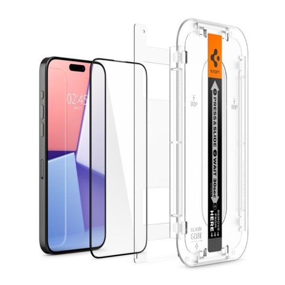 SPIGEN EZ FIT HD képernyővédő üveg (2.5D, tokbarát, ultravékony, 0.2mm, 9H + segédkeret) FEKETE Apple iPhone 15 Pro Max