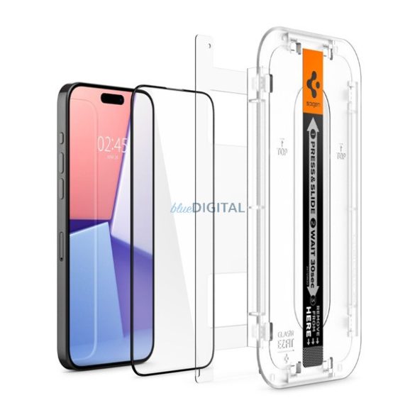 SPIGEN EZ FIT HD képernyővédő üveg (2.5D, tokbarát, ultravékony, 0.2mm, 9H + segédkeret) FEKETE Apple iPhone 15 Pro