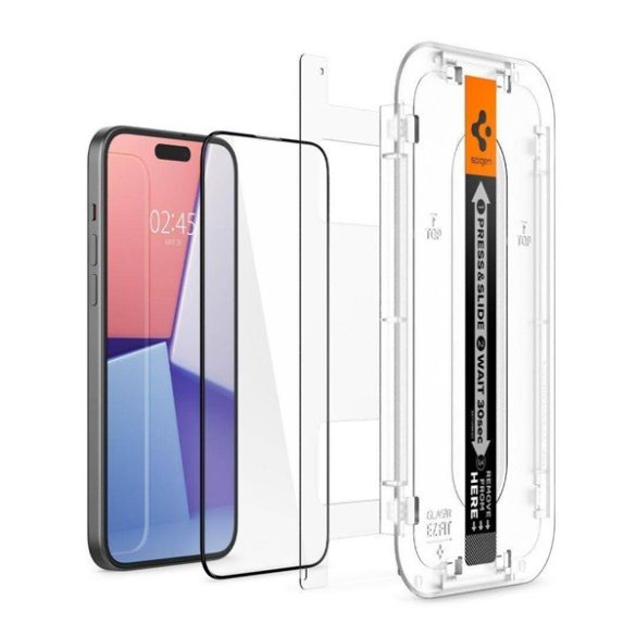 SPIGEN EZ FIT HD képernyővédő üveg (2.5D, tokbarát, ultravékony, 0.2mm, 9H + segédkeret) FEKETE Apple iPhone 15