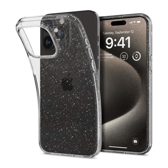 SPIGEN LIQUID CRYSTAL GLITTER szilikon telefonvédő (közepesen ütésálló, légpárnás sarok, csillámporos) ÁTLÁTSZÓ Apple iPhone 15 Pro Max