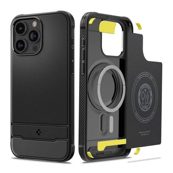 SPIGEN RUGGED ARMOR szilikon telefonvédő (közepesen ütésálló, légpárnás sarok, karbon minta) FEKETE Apple iPhone 15 Pro Max