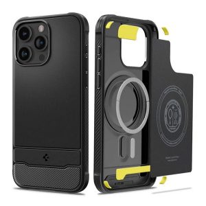 SPIGEN RUGGED ARMOR szilikon telefonvédő (közepesen ütésálló, légpárnás sarok, karbon minta) FEKETE Apple iPhone 15 Pro