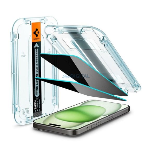 SPIGEN EZ FIT képernyővédő üveg 2db (2.5D, tokbarát, ultravékony, 0.2mm, 9H + segédkeret) ÁTLÁTSZÓ Apple iPhone 15 Plus