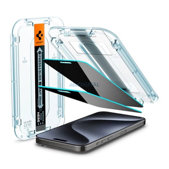 SPIGEN EZ FIT képernyővédő üveg 2db (2.5D, tokbarát, ultravékony, 0.2mm, 9H + segédkeret) ÁTLÁTSZÓ Apple iPhone 15 Pro