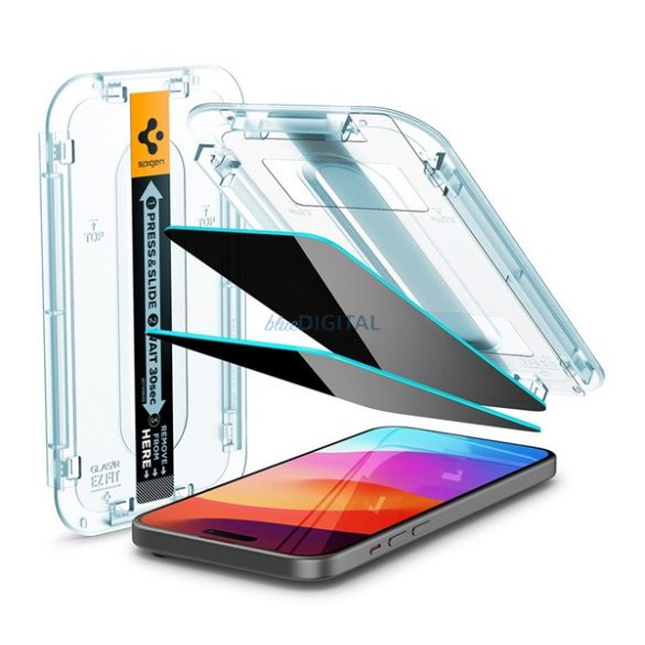 SPIGEN EZ FIT képernyővédő üveg 2db (2.5D, tokbarát, ultravékony, 0.2mm, 9H + segédkeret) ÁTLÁTSZÓ Apple iPhone 15