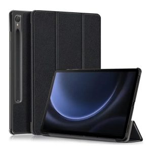 Tok álló, bőr hatású (aktív FLIP, oldalra nyíló, TRIFOLD, asztali tartó, ceruza tartó) FEKETE Samsung Galaxy Tab S9 FE WIFI (SM-X510), Samsung Galaxy Tab S9 FE LTE (SM-X516)