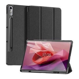 DUX DUCIS DOMO tok álló, bőr hatású (aktív, oldalra nyíló, TRIFOLD, asztali tartó, ceruza tartó, textil minta) FEKETE Lenovo Tab P12 (TB370)