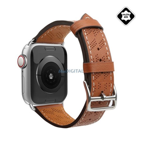 Pótszíj (egyedi méret, valódi bőr, lyukacsos, állítható) VILÁGOSBARNA Apple Watch Series 9 45mm, Watch Series 3 42mm, Watch Series 2 42mm