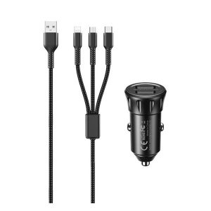 REMAX autós töltő 2 USB aljzat (12W, gyorstöltő + lightning/microUSB/Type-C kábel) FEKETE