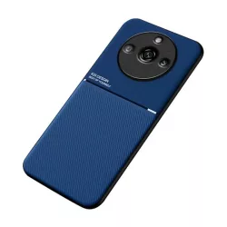   Műanyag telefonvédő (szilikon keret, közepesen ütésálló, beépített fémlemez, bőr hatású hátlap, csíkos minta) SÖTÉTKÉK Realme 11 Pro Plus, Realme 11 Pro