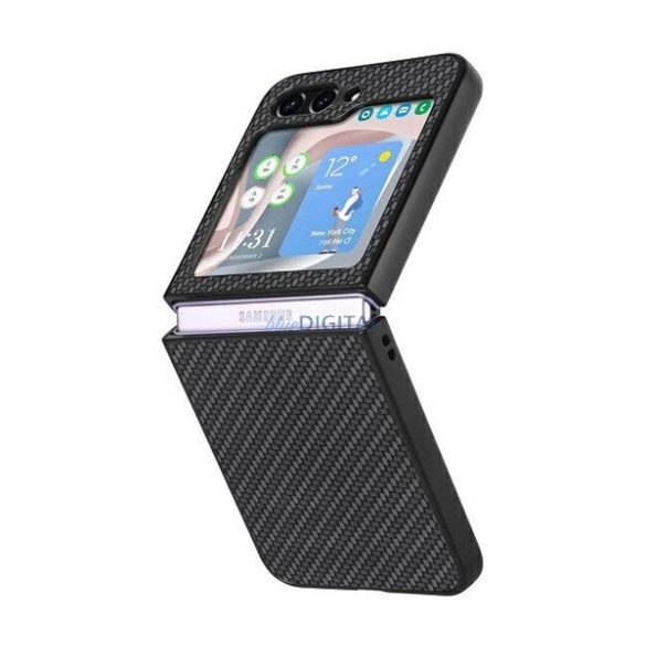 Műanyag telefonvédő (közepesen ütésálló, bőr hatású hátlap, karbon minta) FEKETE Samsung Galaxy Z Flip5 5G (SM-F731)