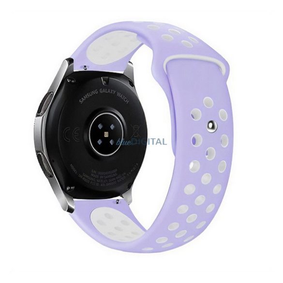Pótszíj (univerzális, 20 mm, szilikon, lyukacsos, légáteresztő) LILA / FEHÉR Huawei Watch GT 2 42mm, Samsung Galaxy Watch Active 2 44mm (SM-R820N), Samsung Galaxy Watch Active 2 40mm (SM-R830N)