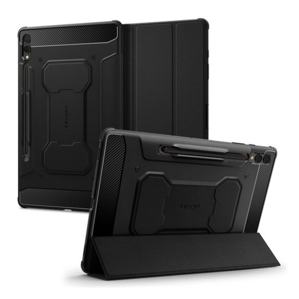 SPIGEN RUGGED ARMOR PRO tok álló (aktív FLIP, ütésállóság, TRIFOLD, asztali tartó, ceruza tartó) FEKETE Samsung Galaxy Tab S9 Plus WIFI (SM-X810), Galaxy Tab S9 Plus LTE (SM-X816)