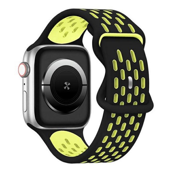 Pótszíj (egyedi méret, kicsi, szilikon, lyukacsos, légáteresztő) FEKETE/SÁRGA Apple Watch Series 9 41mm, Watch Series 8 41mm, Watch Series 7 41mm