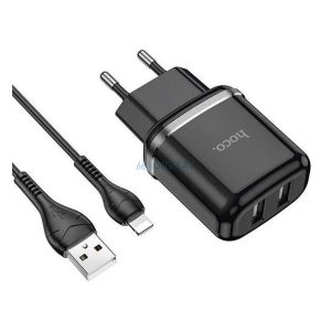 HOCO N4 ASPIRING hálózati töltő 2 USB aljzat (5V / 2400mA, 12W gyorstöltés támogatás + microUSB kábel) FEKETE