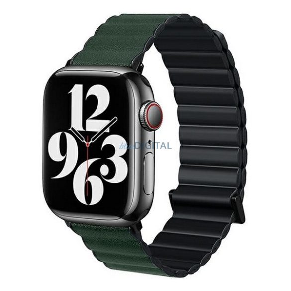 Pótszíj (egyedi méret, szilikon, bőr hatású, 3D minta, mágneses zár) FEKETE / SÖTÉTZÖLD Apple Watch Series 9 41mm, Watch Series 8 41mm, Watch Series 7 41mm