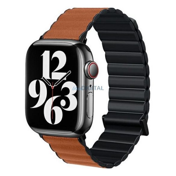 Pótszíj (egyedi méret, szilikon, bőr hatású, 3D minta, mágneses zár) FEKETE / BARNA Apple Watch Ultra 49mm, Watch Series 9 45mm, Watch Series 8 45mm