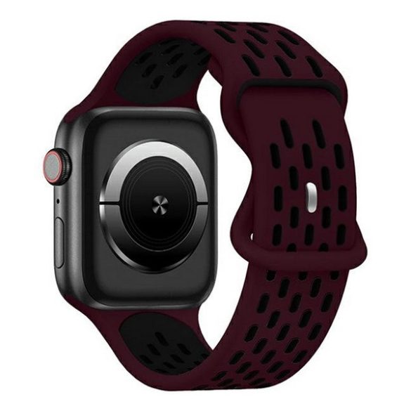 Pótszíj (egyedi méret, kicsi, szilikon, lyukacsos, légáteresztő) FEKETE/BORDÓ Apple Watch Series 9 41mm, Watch Series 8 41mm, Watch Series 7 41mm