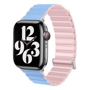 Pótszíj (egyedi méret, nagy, szilikon, bőr hatású, 3D, mágneses) VILÁGOSKÉK/RÓZSASZÍN Apple Watch Ultra 49mm, Watch Series 7 45mm, Watch Series 8 45mm