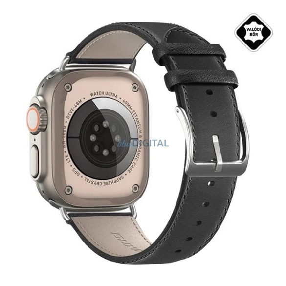 DUX DUCIS YS pótszíj (egyedi méret, valódi bőr, állítható) FEKETE Apple Watch Ultra 49mm, Watch Series 9 45mm, Watch Series 8 45mm