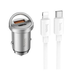 HOCO NZ10 autós töltő USB+Type-C aljzat (45W, PD gyorstöltő 3.0 + lightning kábel) EZÜST