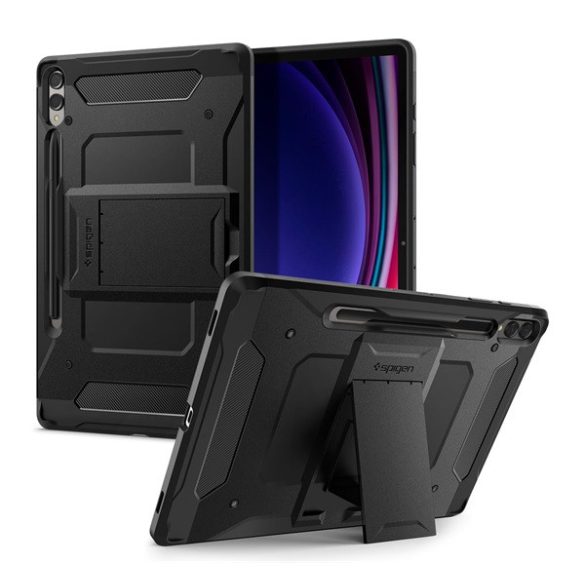 SPIGEN TOUGH ARMOR PRO műanyag telefonvédő (ütésállóság, kitámasztó, karbon minta, ceruza tartó) FEKETE Samsung Galaxy Tab S9 Plus LTE (SM-X816), Galaxy Tab S9 Plus WIFI (SM-X810)