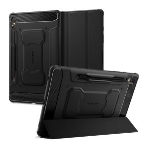 SPIGEN RUGGED ARMOR PRO tok álló (aktív FLIP, ütésállóság, TRIFOLD, asztali tartó, ceruza tartó) FEKETE Samsung Galaxy Tab S9 LTE (SM-X716), Galaxy Tab S9 WIFI (SM-X710)