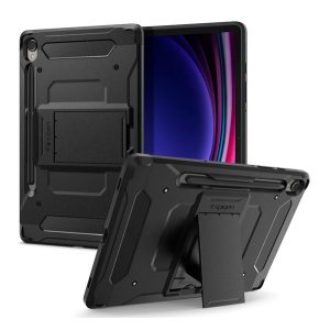 SPIGEN TOUGH ARMOR PRO műanyag telefonvédő (ütésállóság, kitámasztó, karbon minta, ceruza tartó) FEKETE Samsung Galaxy Tab S9 LTE (SM-X716), Galaxy Tab S9 WIFI (SM-X710)