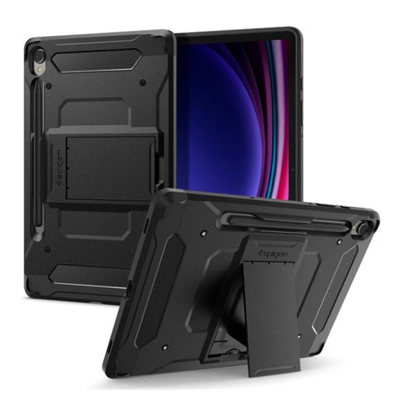 SPIGEN TOUGH ARMOR PRO műanyag telefonvédő (ütésállóság, kitámasztó, karbon minta, ceruza tartó) FEKETE Samsung Galaxy Tab S9 LTE (SM-X716), Galaxy Tab S9 WIFI (SM-X710)