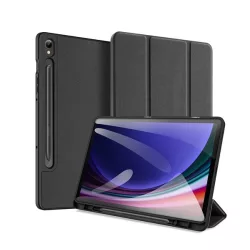   DUX DUCIS DOMO tok álló, bőr hatású (aktív, oldalra nyíló, TRIFOLD, asztali tartó, ceruza tartó, textil minta) FEKETE Samsung Galaxy Tab S9 FE LTE (SM-X516), Samsung Galaxy Tab S9 FE WIFI (SM-X510)