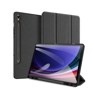 DUX DUCIS DOMO tok álló, bőr hatású (aktív, oldalra nyíló, TRIFOLD, asztali tartó, ceruza tartó, textil minta) FEKETE Samsung Galaxy Tab S9 FE LTE (SM-X516), Samsung Galaxy Tab S9 FE WIFI (SM-X510)