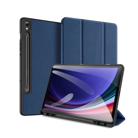 DUX DUCIS DOMO tok álló, bőr hatású (aktív FLIP, oldalra nyíló, TRIFOLD, asztali tartó, textil minta) SÖTÉTKÉK Samsung Galaxy Tab S9 FE WIFI (SM-X510), Samsung Galaxy Tab S9 FE LTE (SM-X516)