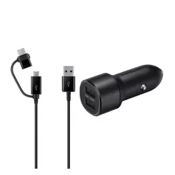   SAMSUNG autós töltő 2 USB aljzat (15W, gyorstöltő, LED + Type-C/microUSB kábel) FEKETE