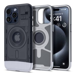 SPIGEN CLASSIC C1 szilikon telefonvédő (közepesen ütésálló, légpárnás sarok, Magsafe kompatibilis) SZÜRKE Apple iPhone 15 Pro Max