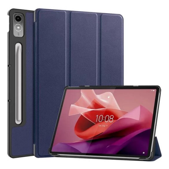 Tok álló, bőr hatású (aktív FLIP, oldalra nyíló, TRIFOLD, asztali tartó, ceruza tartó) SÖTÉTKÉK Lenovo Tab P12 (TB370)