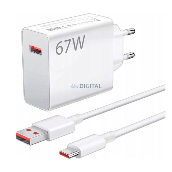 XIAOMI hálózati töltő USB aljzat (67W, PD gyorstöltő + Type-C kábel) FEHÉR